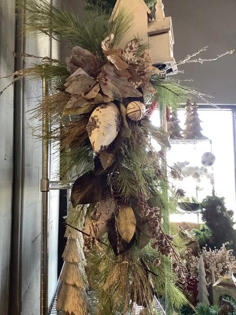 Hanging Door Wreath with Burlap Poinsettias and Pinecones