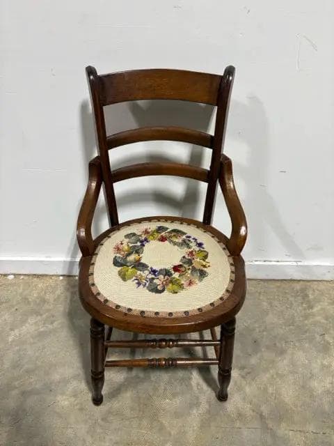 Antique Wood Chair with Embroidered Seat