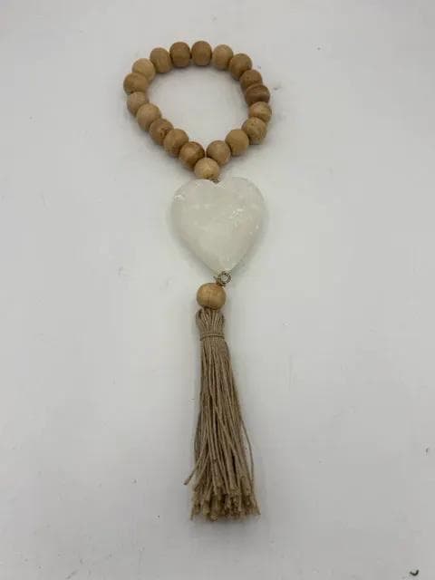 Wooden Beaded Garland with Stone Heart & Tassle