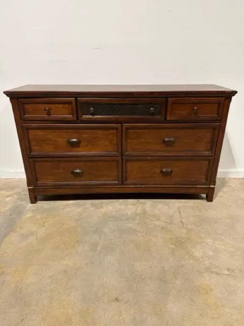 Dark Wood 7 Drawer Dresser with Embossed Detail