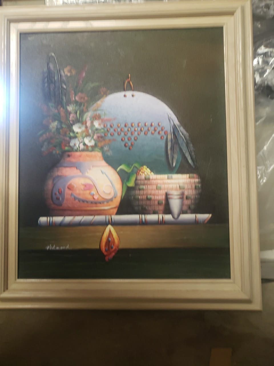 C BENOLT WESTERN AZETEC POTTERY SCENE OIL CANVAS STILL LIFE PAINTING