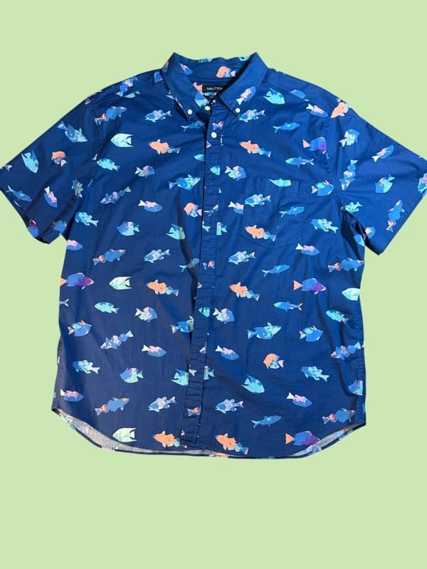 Nautica Men's XXL Watercolor Fish Print Short Sleeve Stretch Button Down Shirt