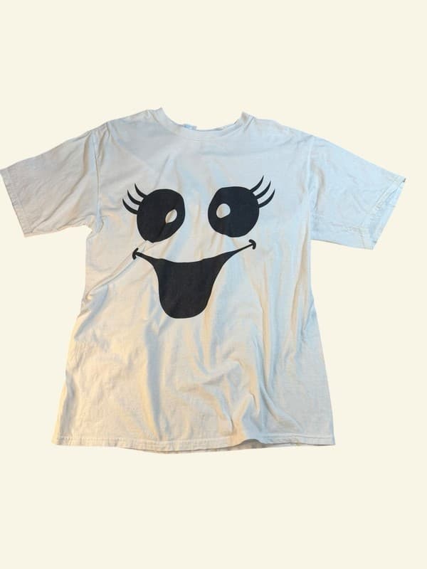 Port & Company White Happy Girl Ghost Face Halloween Costume T-Shirt Size Medium