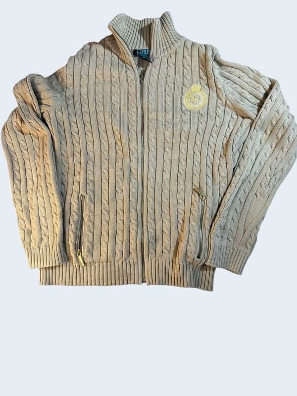 Lauren Ralph Lauren Women's Tan Cable Knit Full Zip Crest Cardigan Sweater M