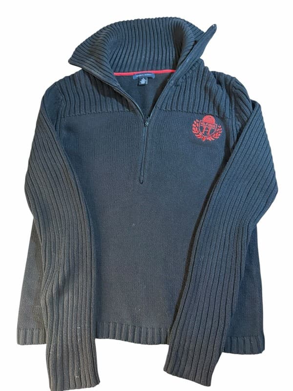 Tommy Hilfiger Women's Black Ribbed 1/4 Zip Cotton Knit Sweater w Red Crest Logo