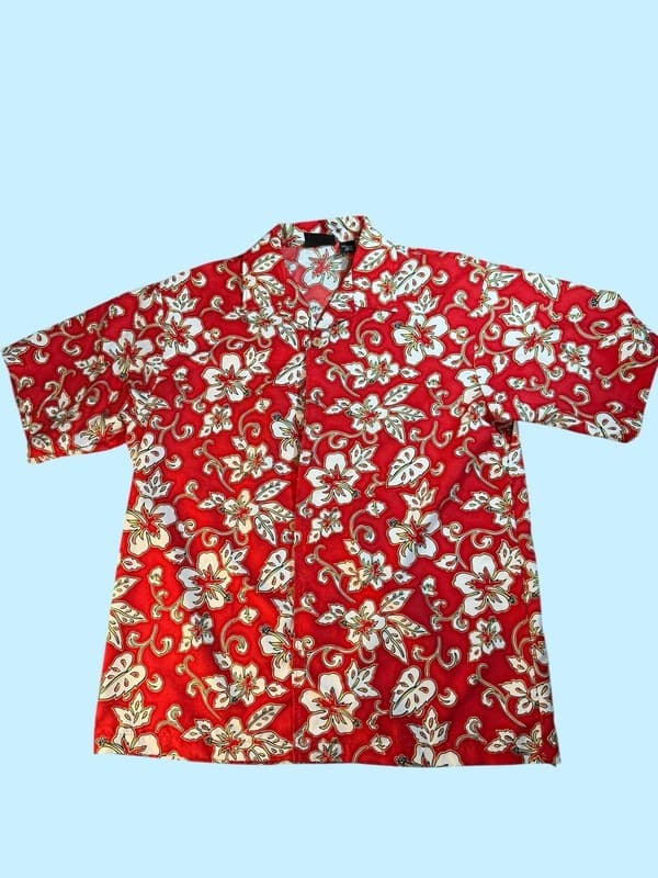 ODO Men's Red Hibiscus Floral Tropical Hawaiian Aloha Shirt Size Large