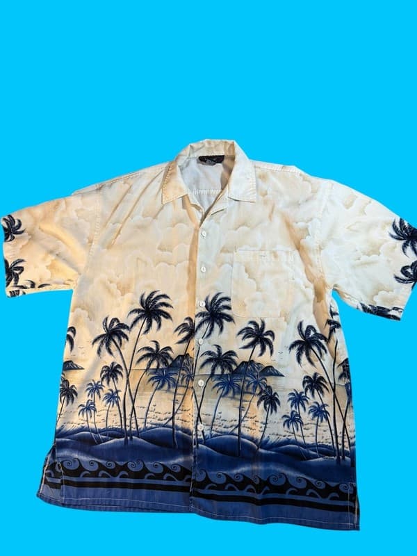 Vintage 90s L.A. Beat Hawaiian Shirt Palm Tree Scenic Print Womens Oversized L