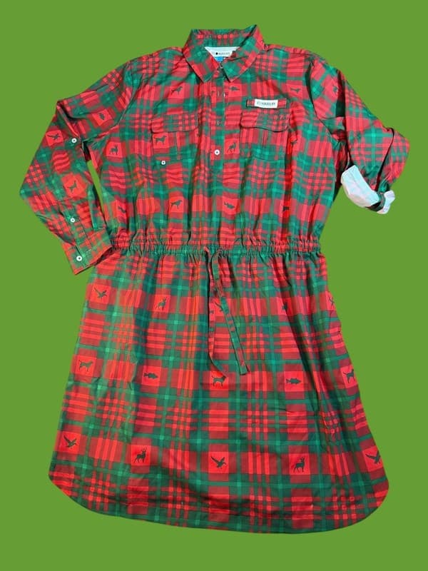 Magellan Outdoors Women's Fish Gear Plaid Christmas Animal Print Shirt Dress XXL