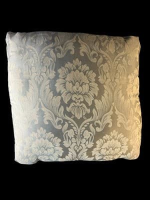 Vintage Silver Blue Damask Silk Throw Pillow Baroque Floral Scallop Trim 18x18