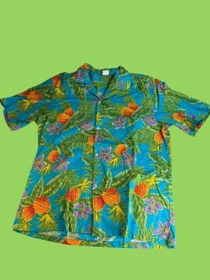 Vintage Royal Creations Aloha Shirt XL Teal Pineapple Print Camp Collar Made in