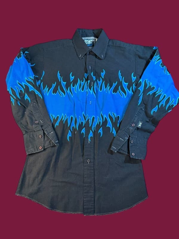 Vintage Brooks & Dunn Panhandle Slim Black Blue Flame Western Button Down Shirt