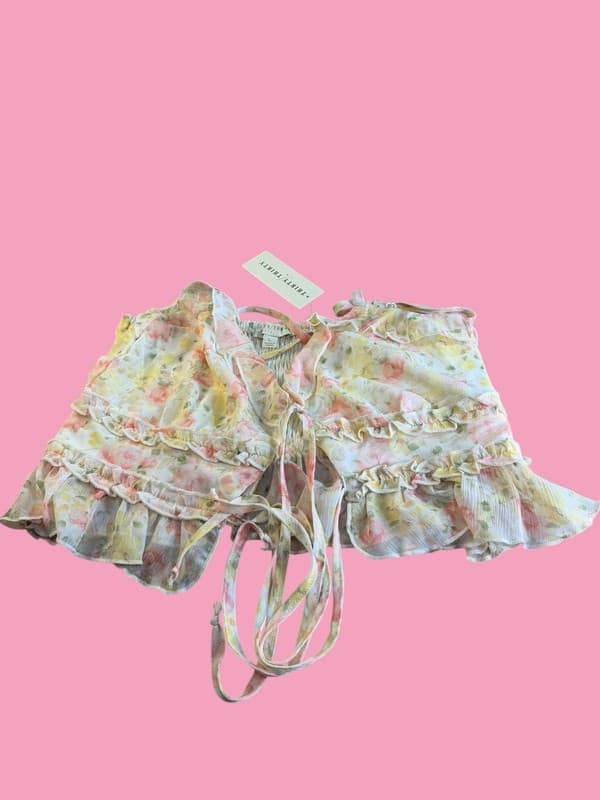 Thirty/Thirty LA Floral Ruffle Tie-Front Crop Top L