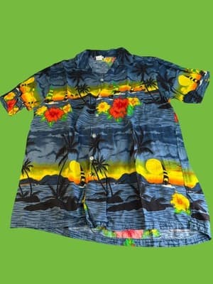 Kowah Hawaiian Shirt XL Blue Tropical Sunset Palm Tree Hibiscus Rayon Aloha