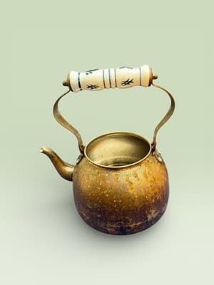 Mid Century Copper Teapot with Delft Blue Ceramic Handle European Vintage Decor