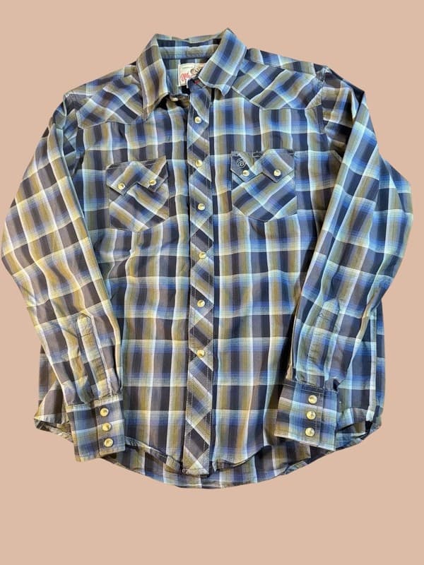 Wrangler American Cowboys Men's Blue Plaid Pearl Snap Western Shirt Size M