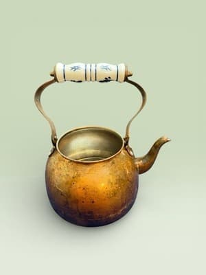 Vintage Mid Century Copper Teapot Delft Blue Ceramic Handle European Decor