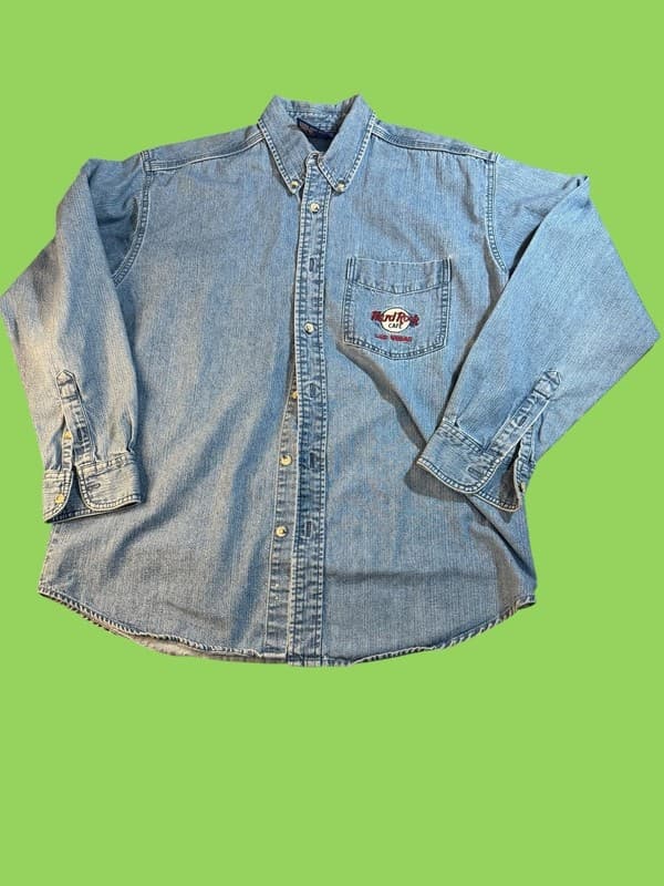 Vintage Hard Rock Cafe Las Vegas Embroidered Denim Button Up Shirt Size M