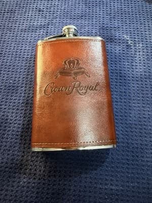 Crown Royal 8oz Stainless Steel Hip Flask Brown Leather Wrap NEW Never Used