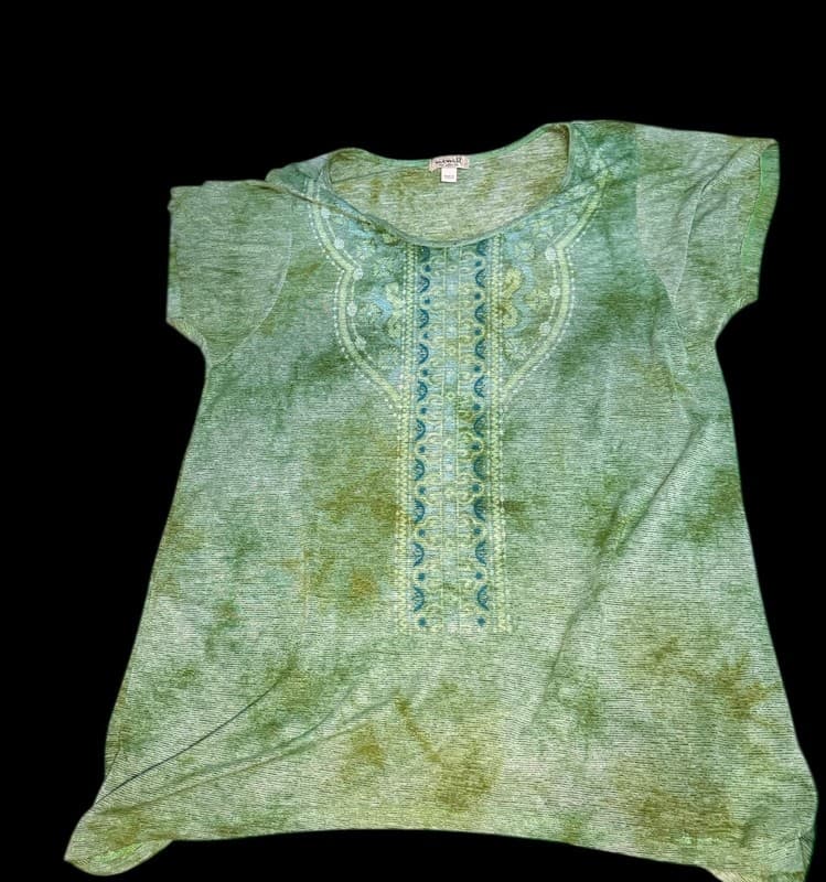One World Women’s Large Green Tie Dye Short Sleeve Scoop Neck Boho Top