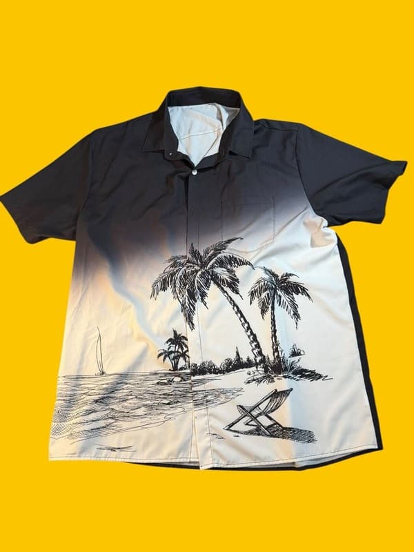 Men's Black and White Hawaiian Shirt Palm Tree Print Short Sleeve Button Down