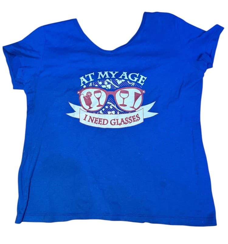 Hanes Nano-T Women’s Blue V-Neck Graphic Tee “At My Age I Need Glasses” Si