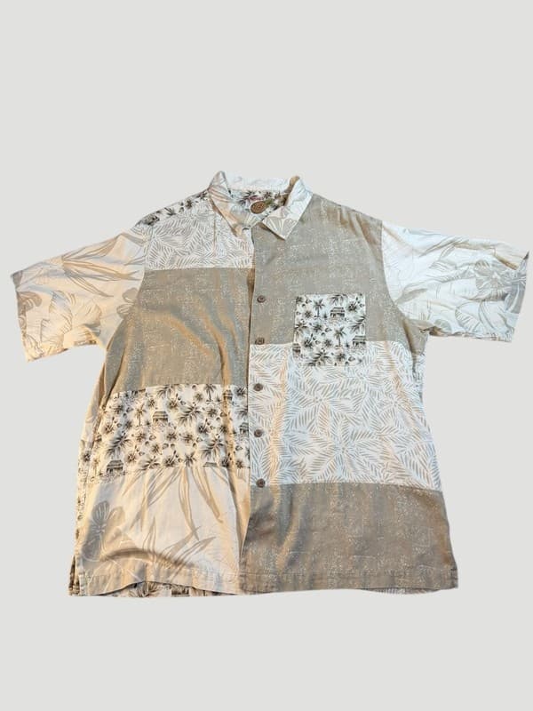 Caribbean Mens XL Silk Blend Patchwork Tropical Hawaiian Aloha Button Down Shirt