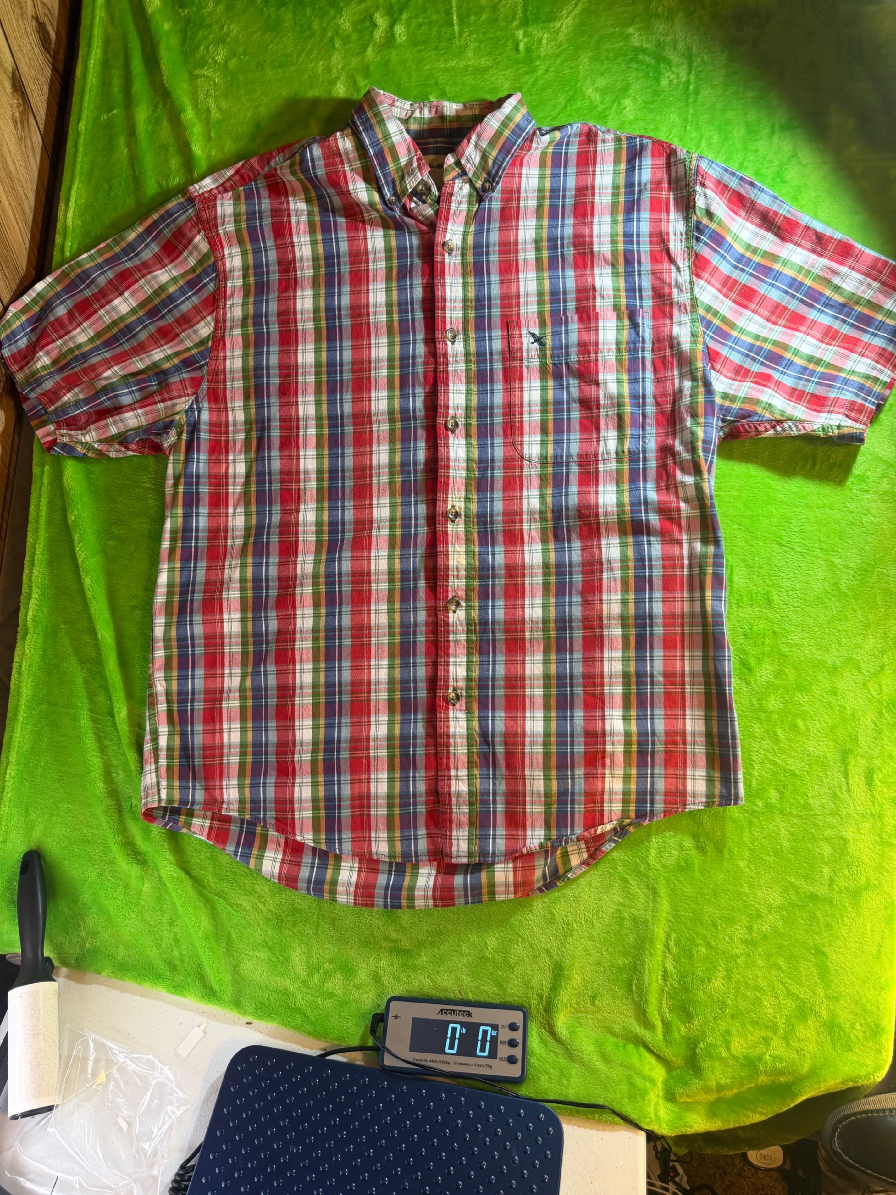 Vtg Eddie Bauer Madras Plaid SS Button Down Shirt Mens Sz M Red