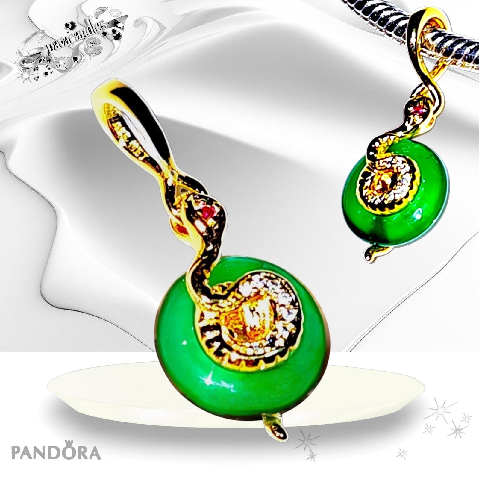 PANDORA 14K Gold Plated Green Murano Glass Snake Charm 763617C01 Us Seller