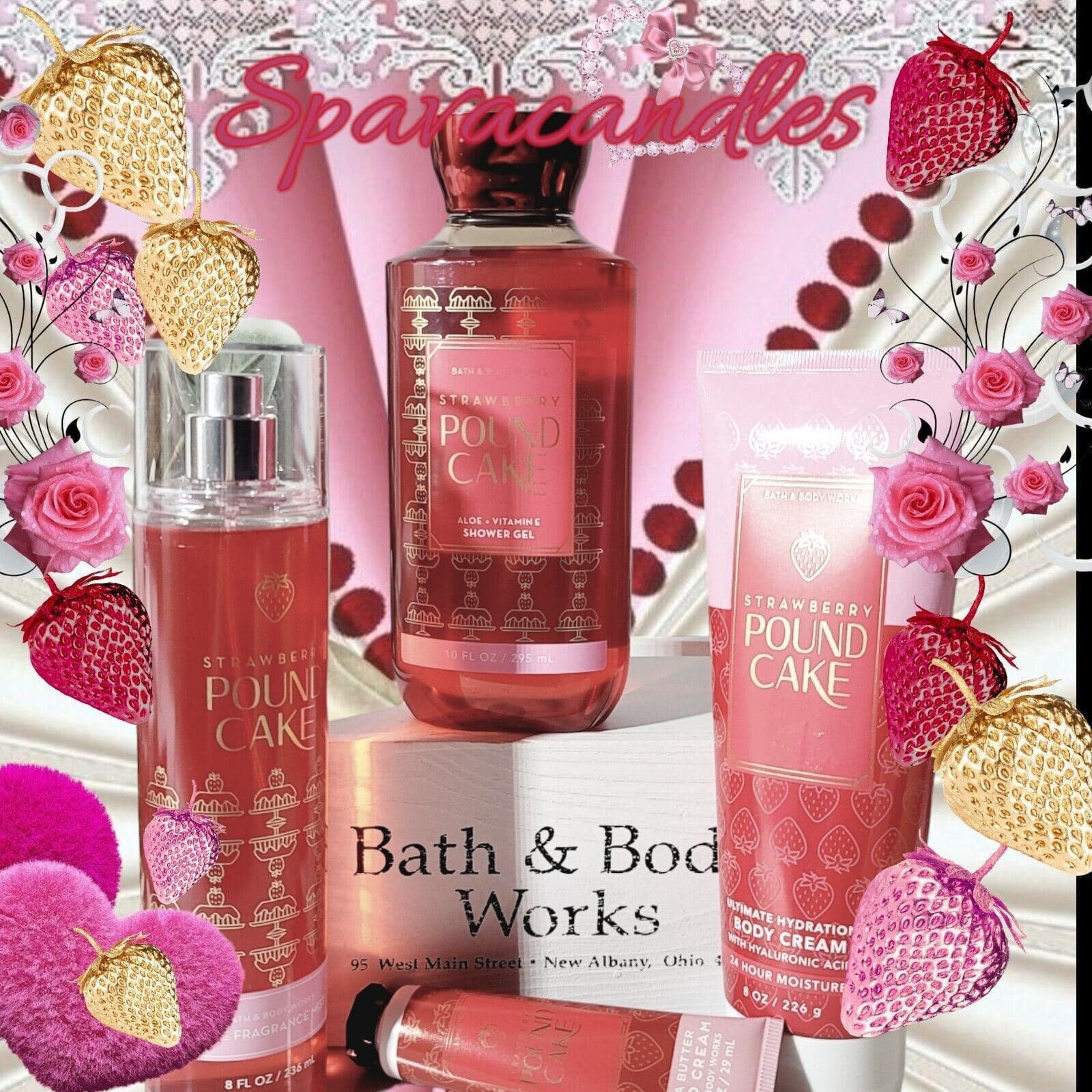 4pc Bath & Body Works STRAWBERRY POUND CAKE Gift Set Mist Shower Gel Hand Cream