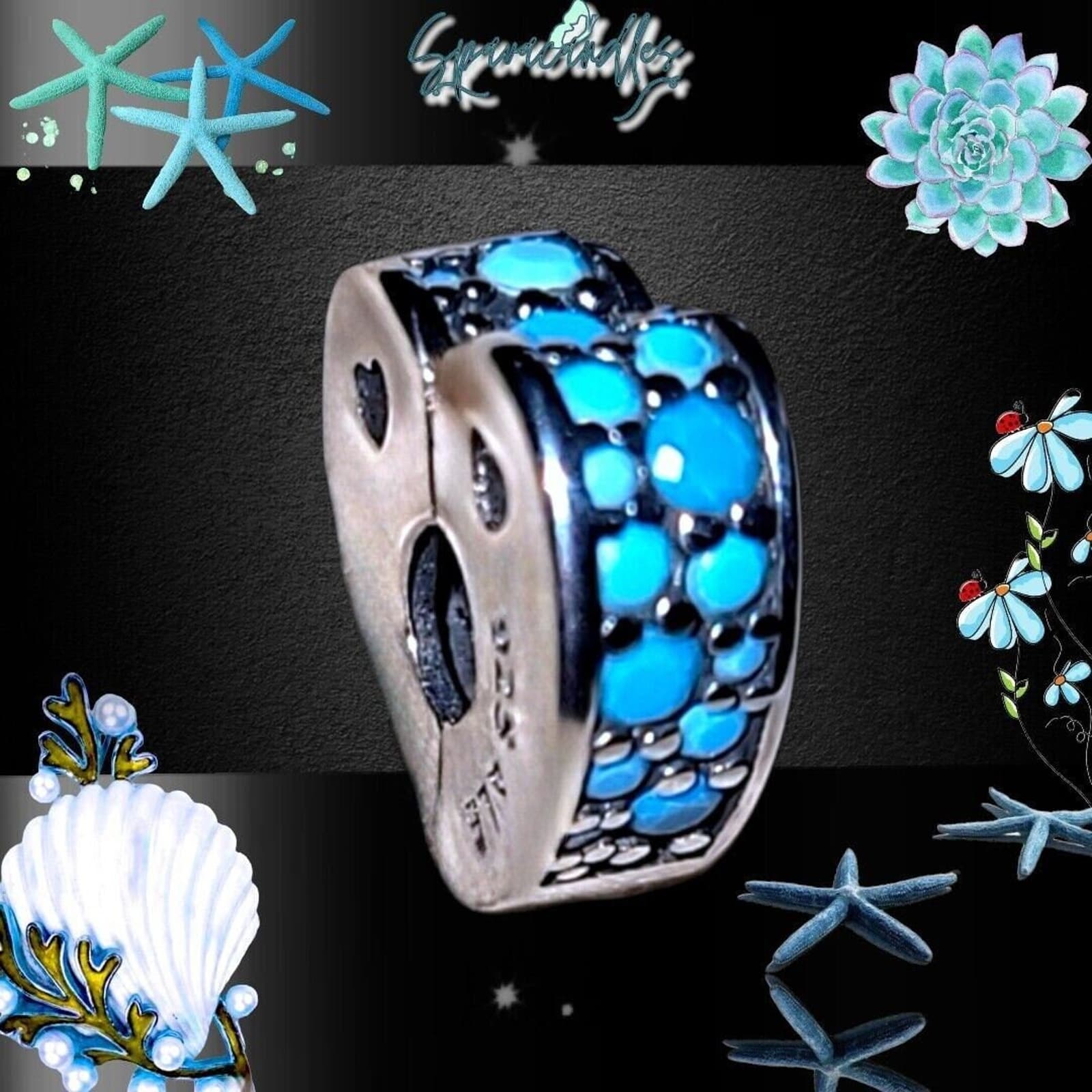 Pandora 1 ea. Arcs of Love Clip, Cyan Blue Crystal 797227nya