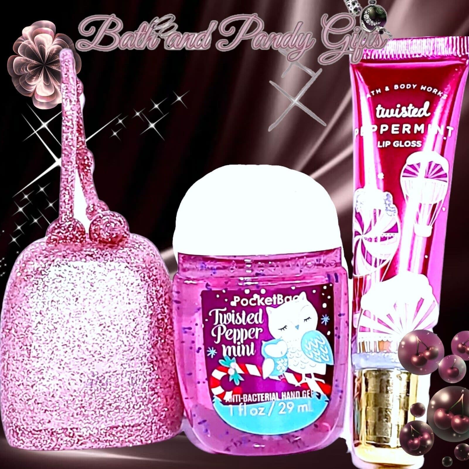 Bath & Body Works Twisted Peppermint Hand Care, Lip Pink Glitter Holder Set of 3