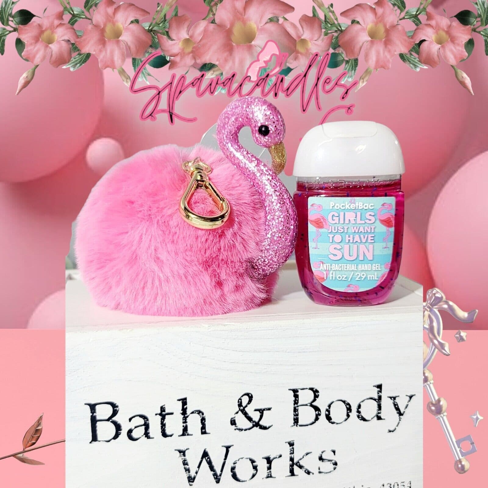 NWT Bath & Body Works FLAMINGO Fluffy Pom Pink Pocket & Girls want to have fun