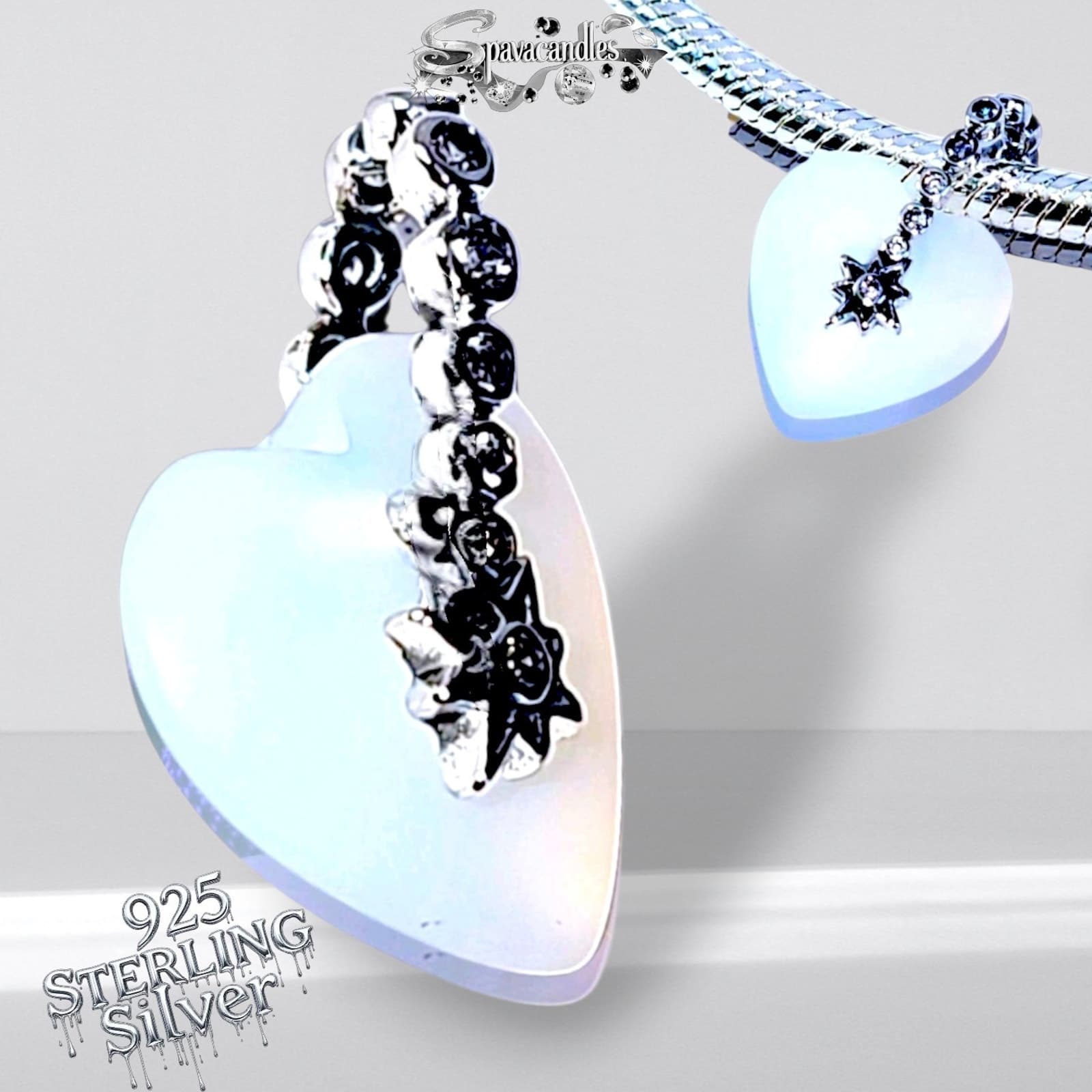 Sterling Silver Shooting Star Moonstone iridescent Heart Charm US SELLER