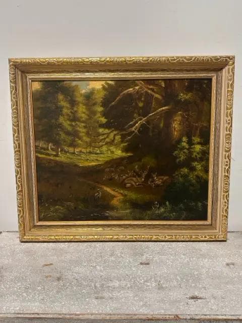 Original Meadow & Fauna Oil Painting in Gold Frame