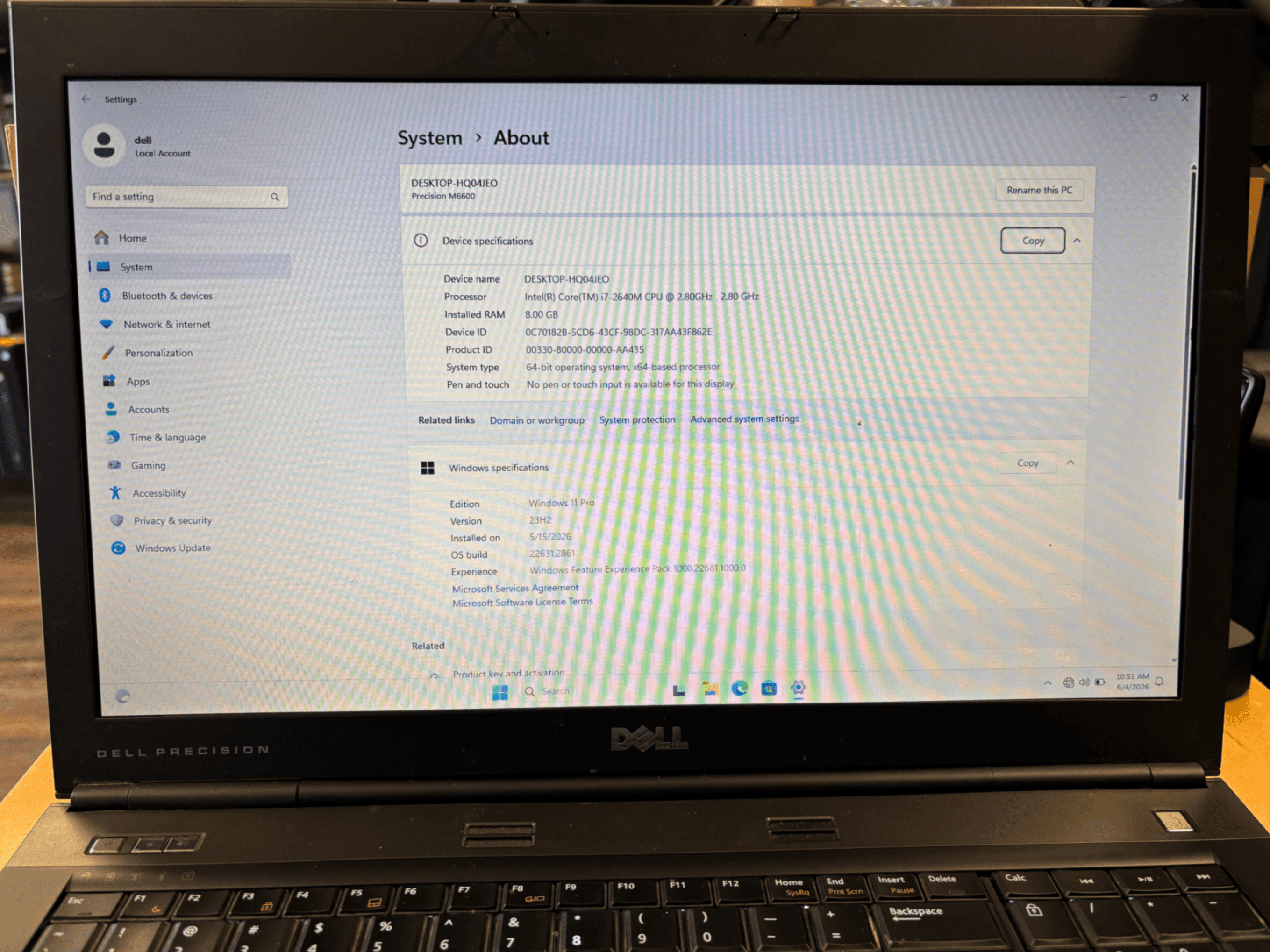 Dell Precision M6000 Laptop i7-2640M 8GB RAM 125GB SSD