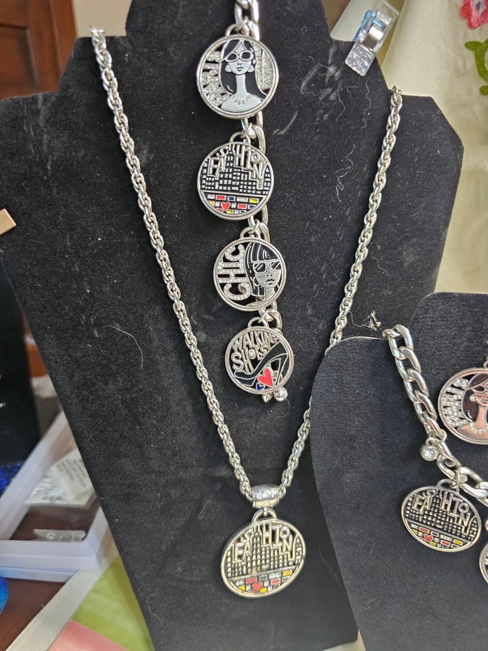 Brighton Fashionista 4 pc Silver-Tone Charm Necklace & Earrings with Red Accent