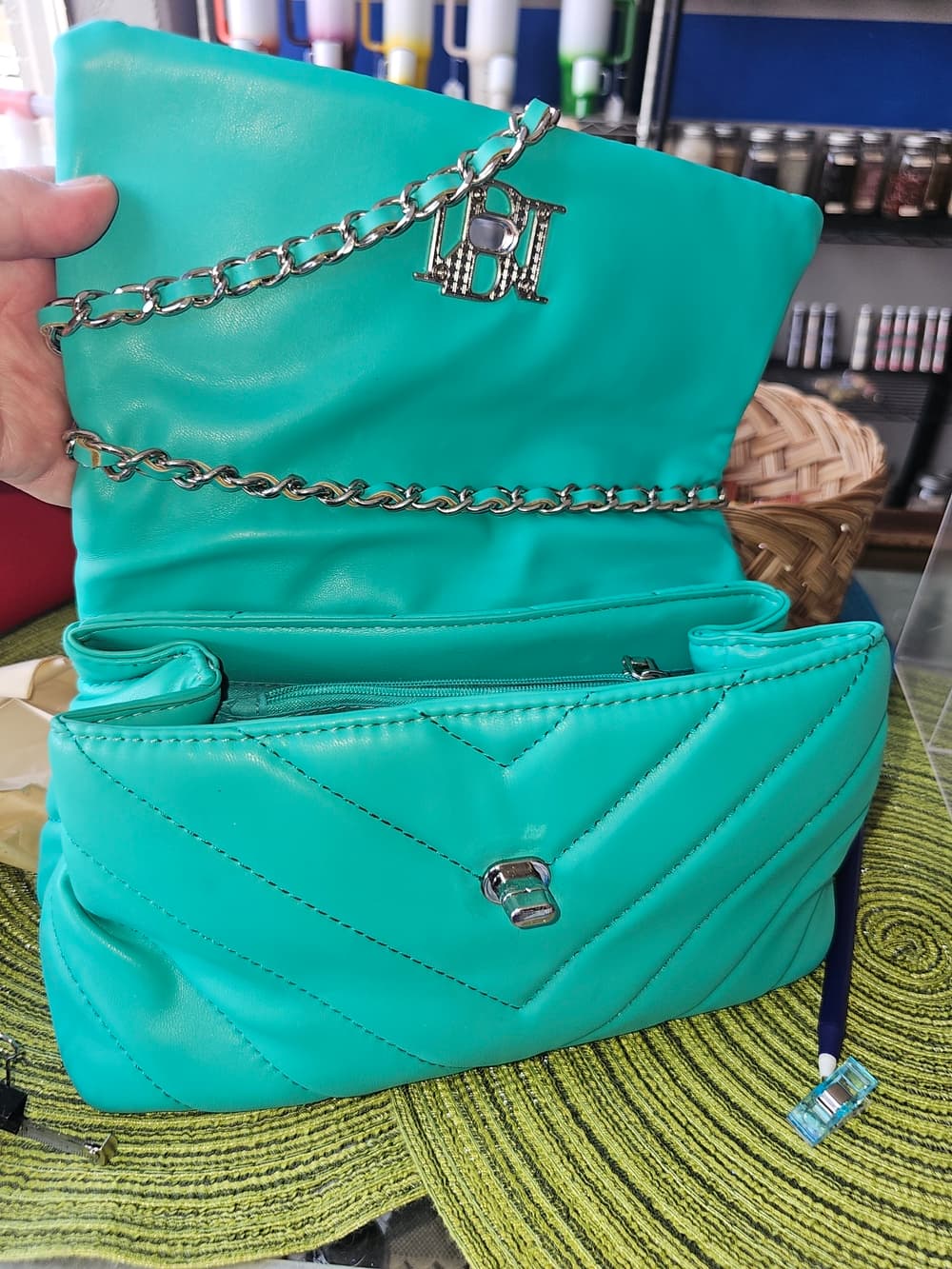 Badgley Mischka Turquoise Quilted Chain Shoulder Bag