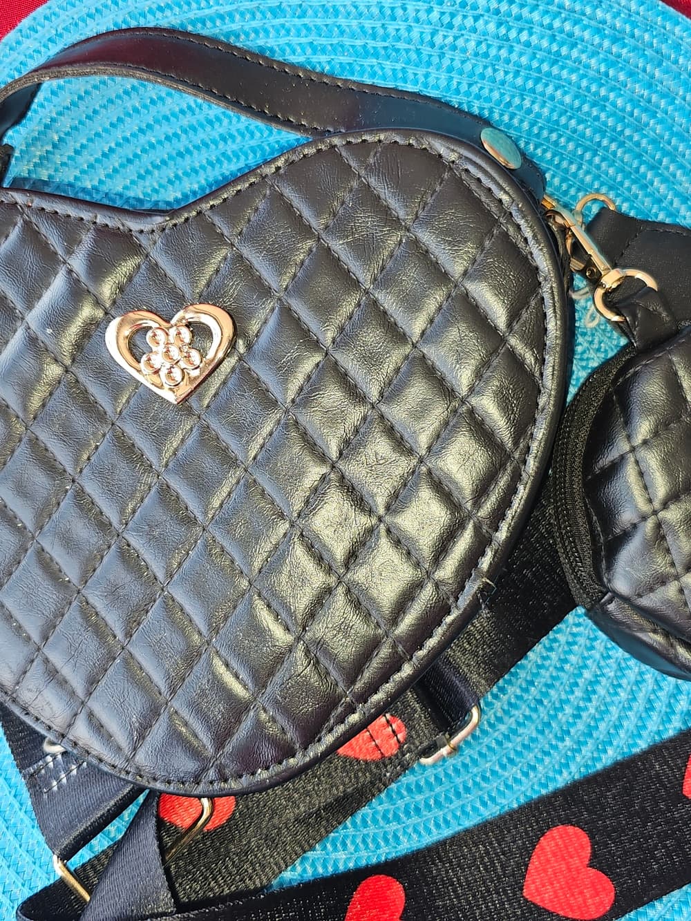 Quilted Heart-Shaped Shoulder Bag in Black with Heart-Accent Strap