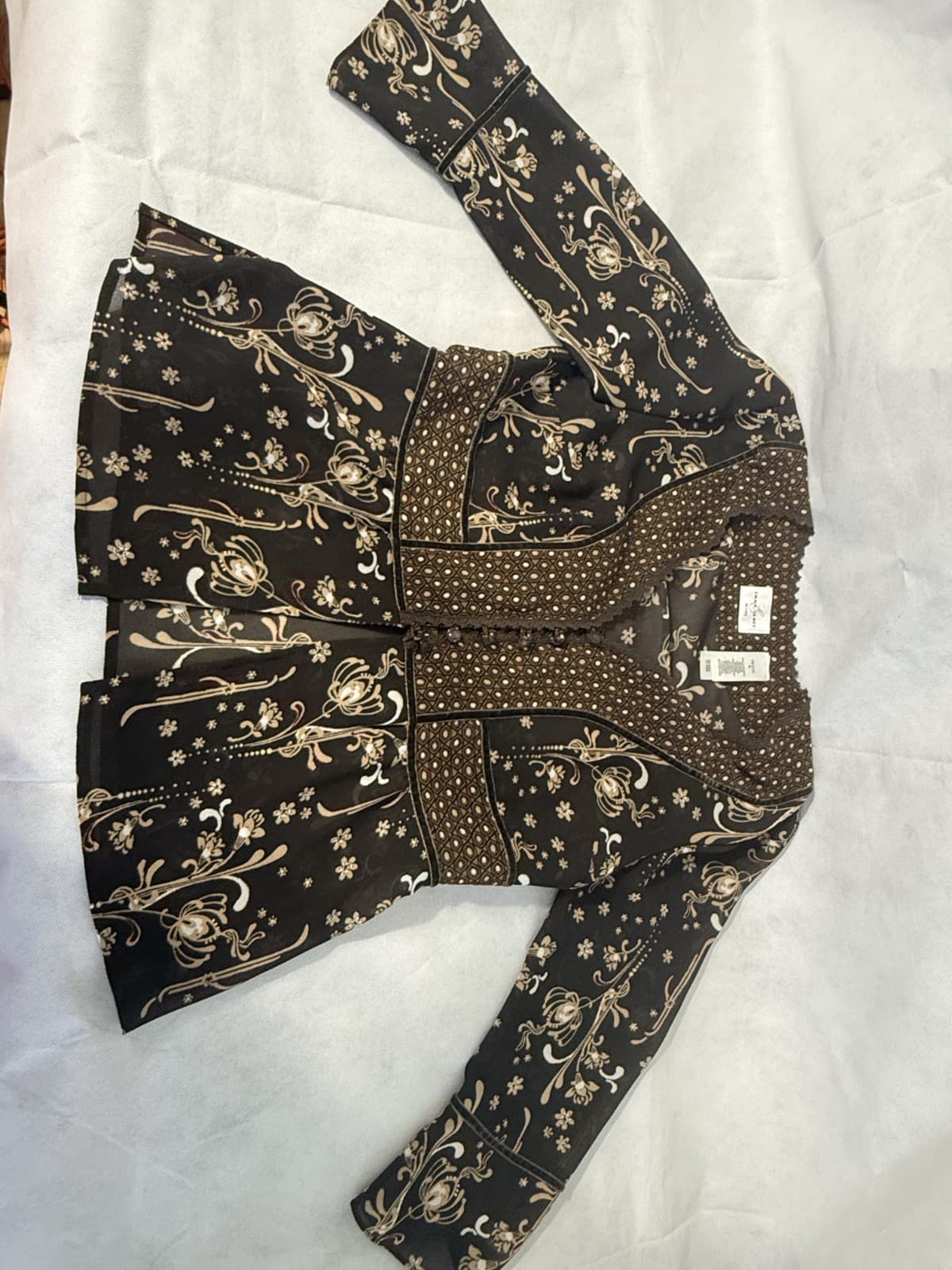 Emma James Brown Floral Velvet Trim Sheer Bell Sleeve Boho Top 8P