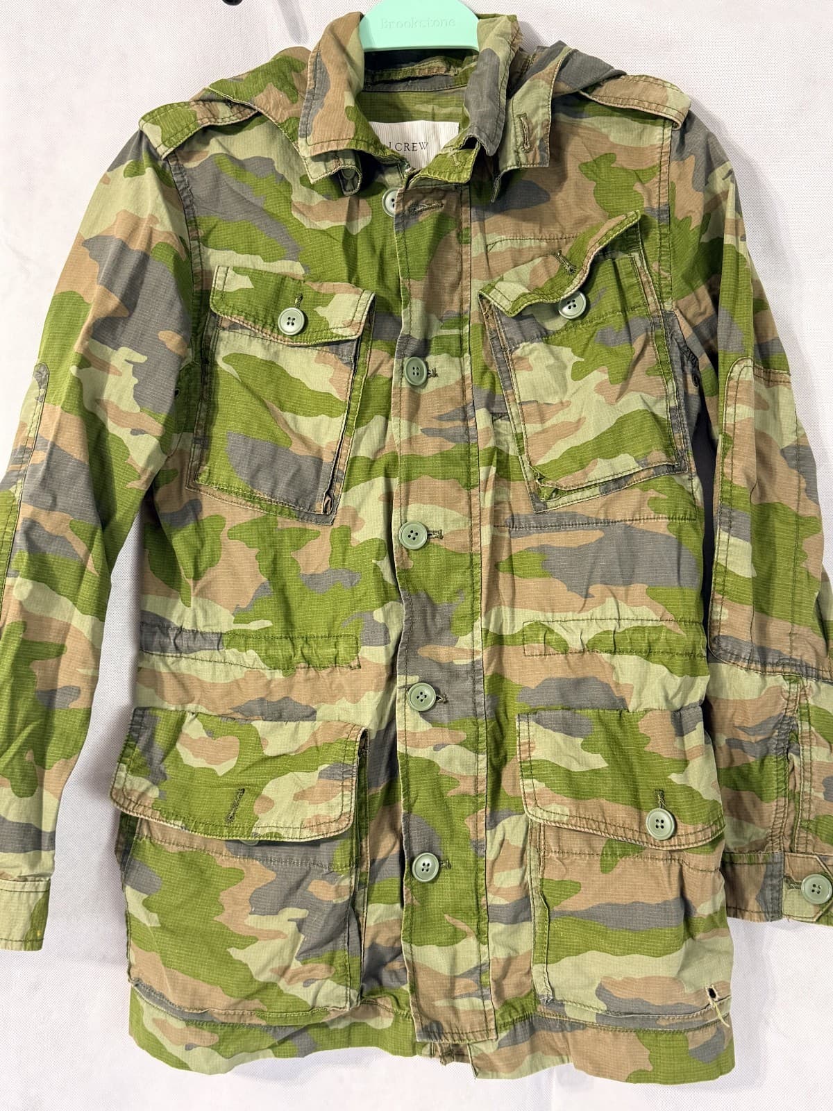 J Crew Green Camo Hooded Boyfriend Utility Field Jacket Size XS