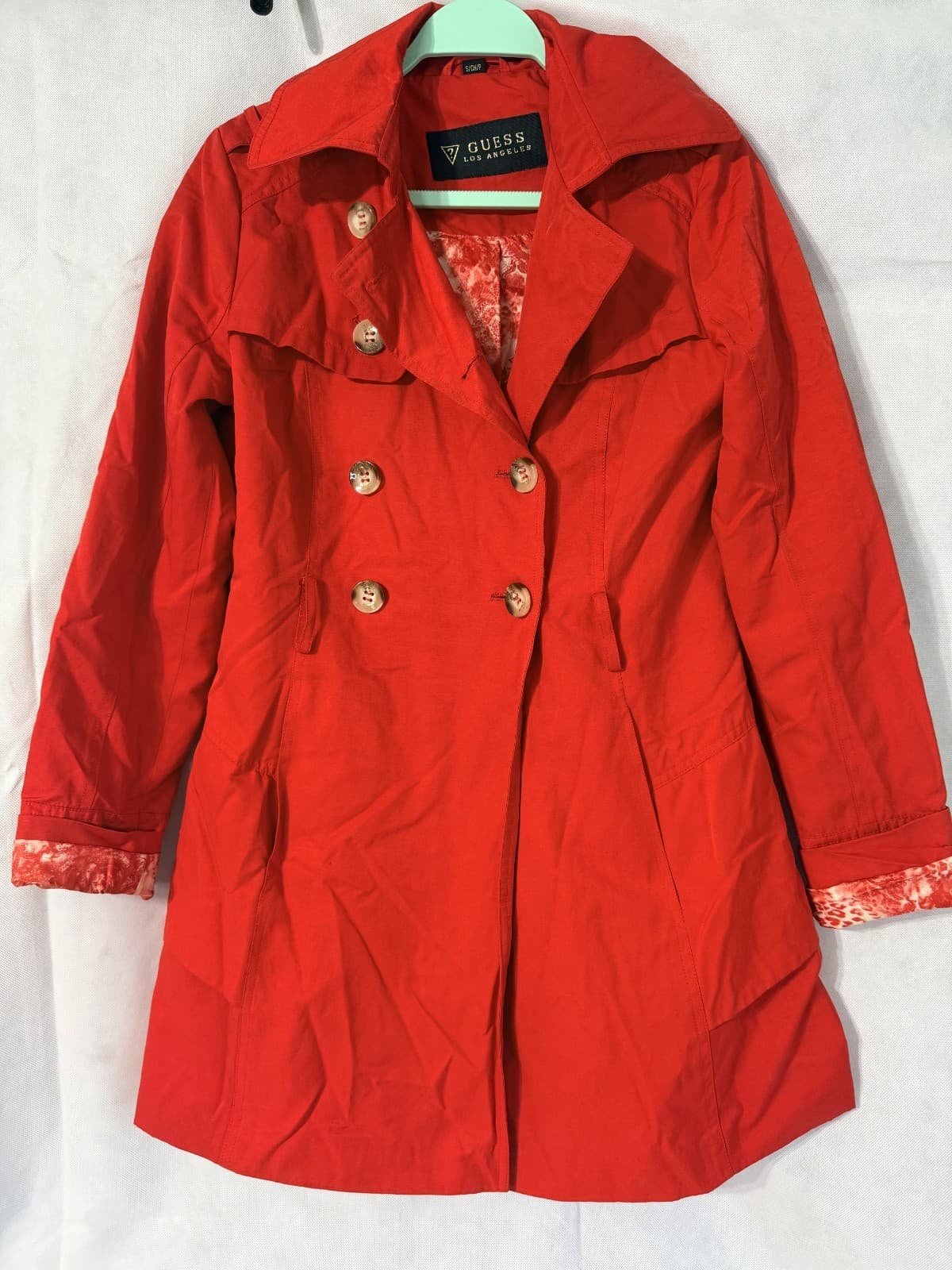 Guess Red Double Breasted Trench Coat Women's S Belted Floral Lining Jacket