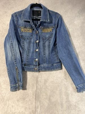 Rocka Wear Women’s Size Large Jean Jacket Button Up Zip Sleeve Zip Pockets