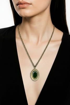 Locket Picture Pendant Necklace Faux Jade Stone 18” Length Gold Tone Reversible