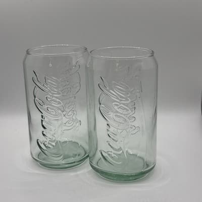 Vintage Coca-Cola Coke Can Shaped 5" Green Clear Glass 12oz Drinking Glasses 2pc