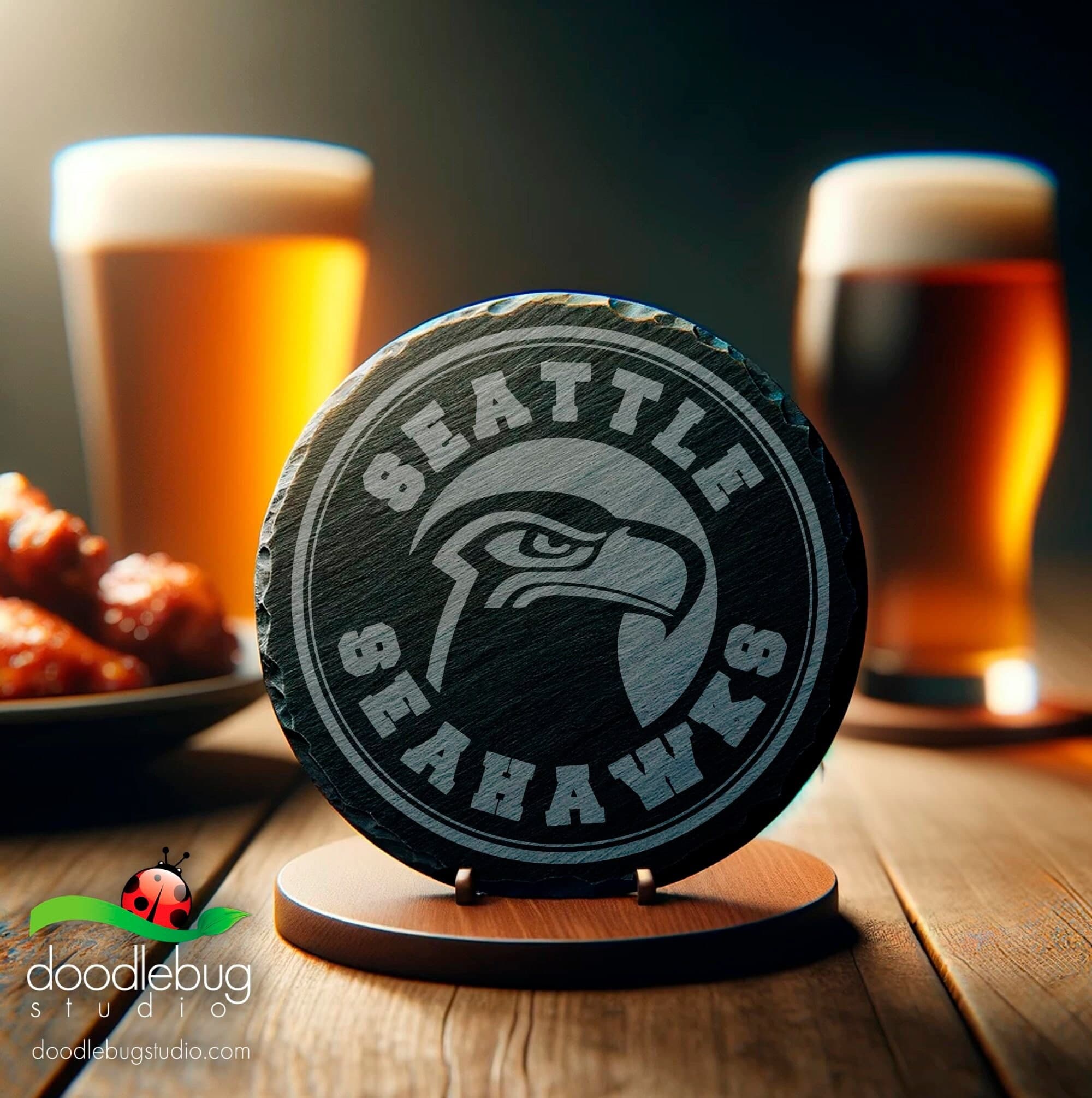 Seattle Seahawks Inspired 4" Coaster, Sports Team Engraved Drinkware Accessory, Man Cave Decor, Football Fan Gift, Father's Day, Men's Gift