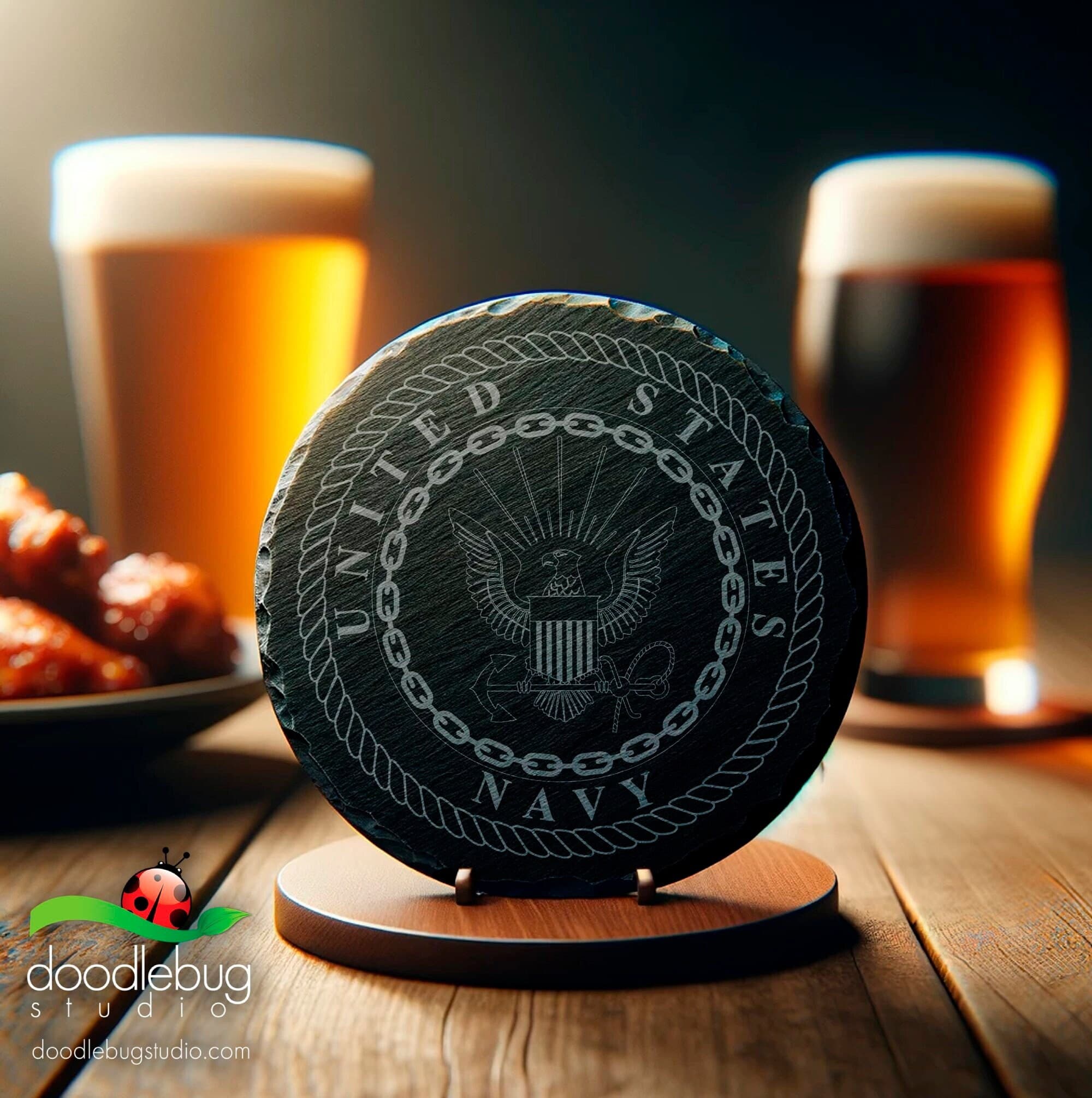 Engraved Slate Navy Emblem Coaster, Patriotic Bar Decor