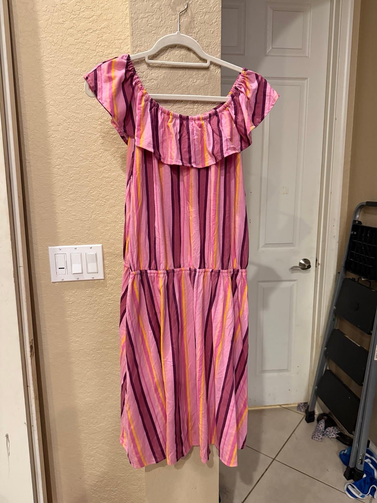 The Place Off Shoulder Ruffle Striped Pink Purple Yellow Dress XXL Ad