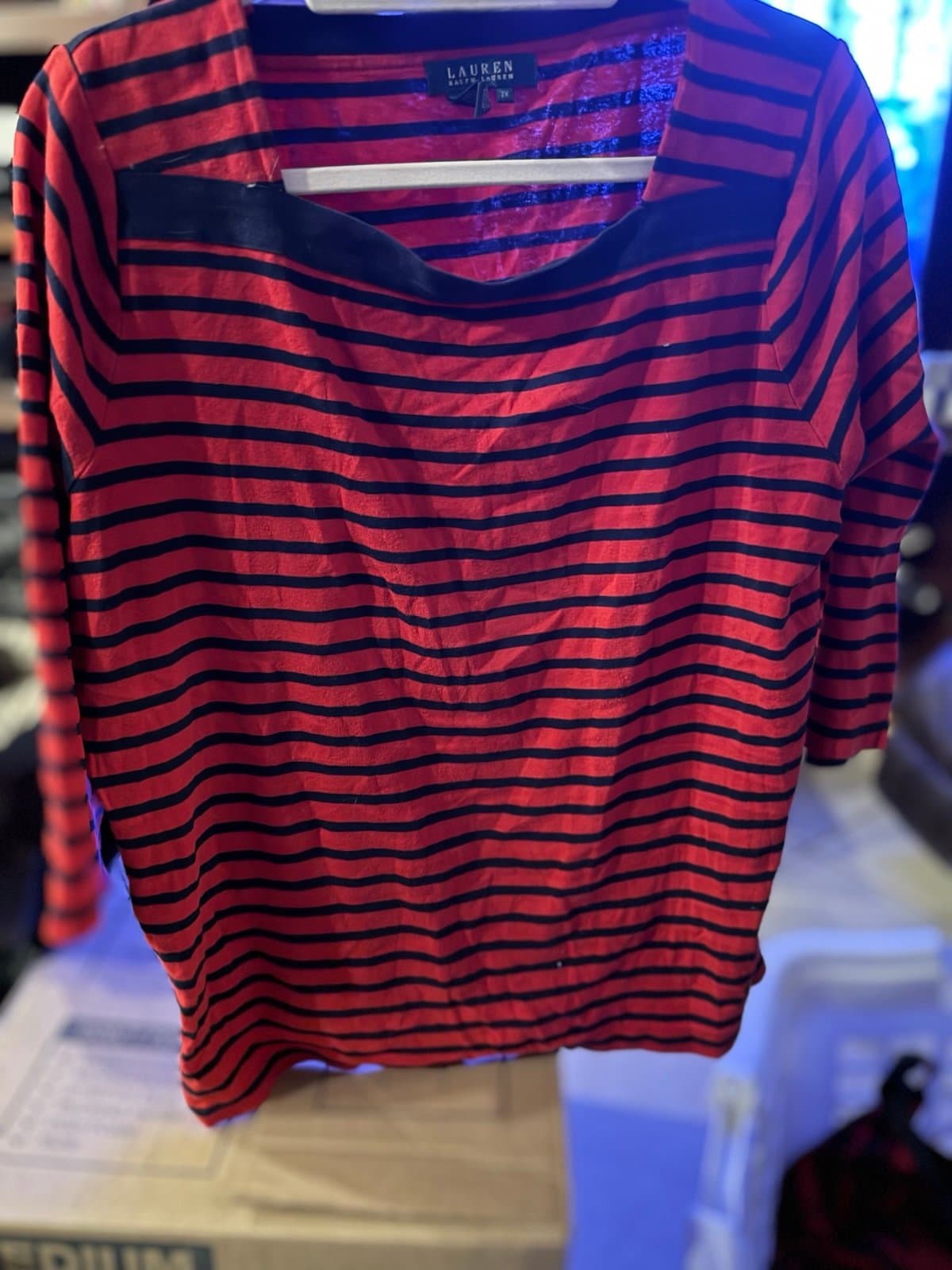 Lauren Ralph Lauren Red Navy Striped Top 2X