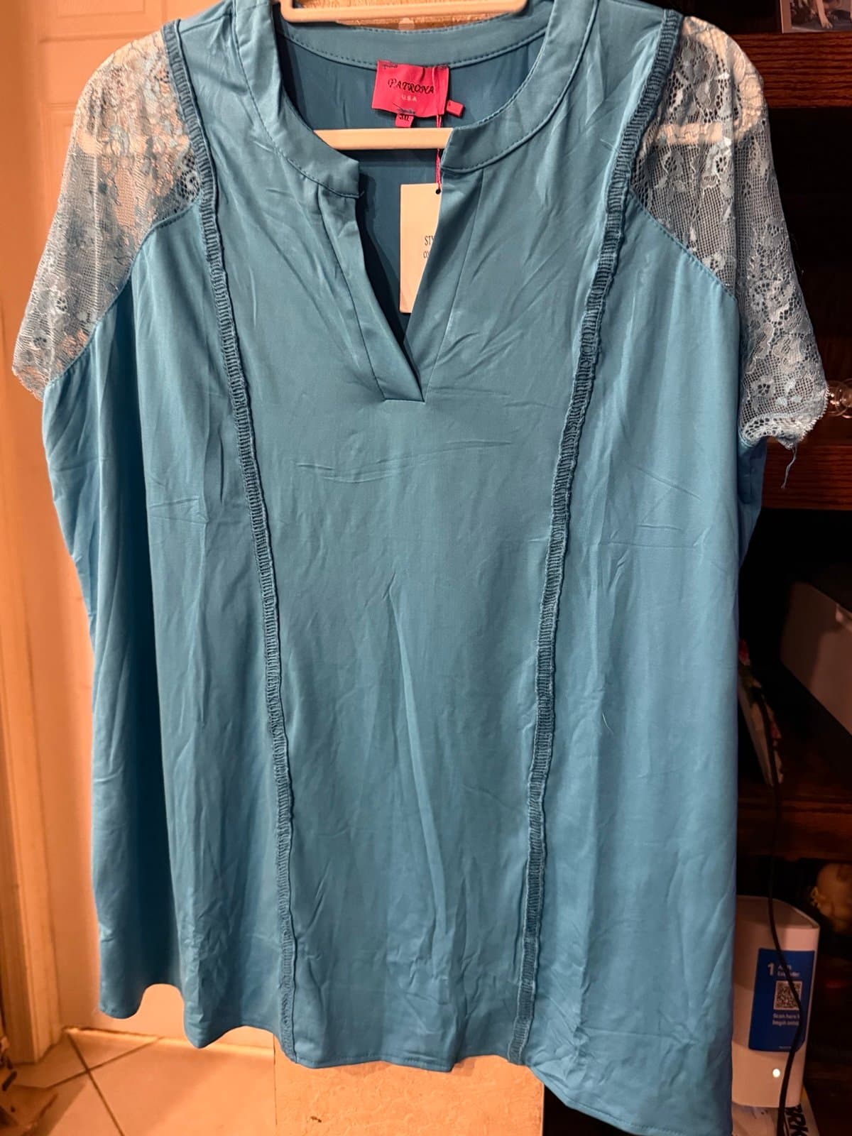 Patrona Blue Lace Sleeve Blouse 3XL