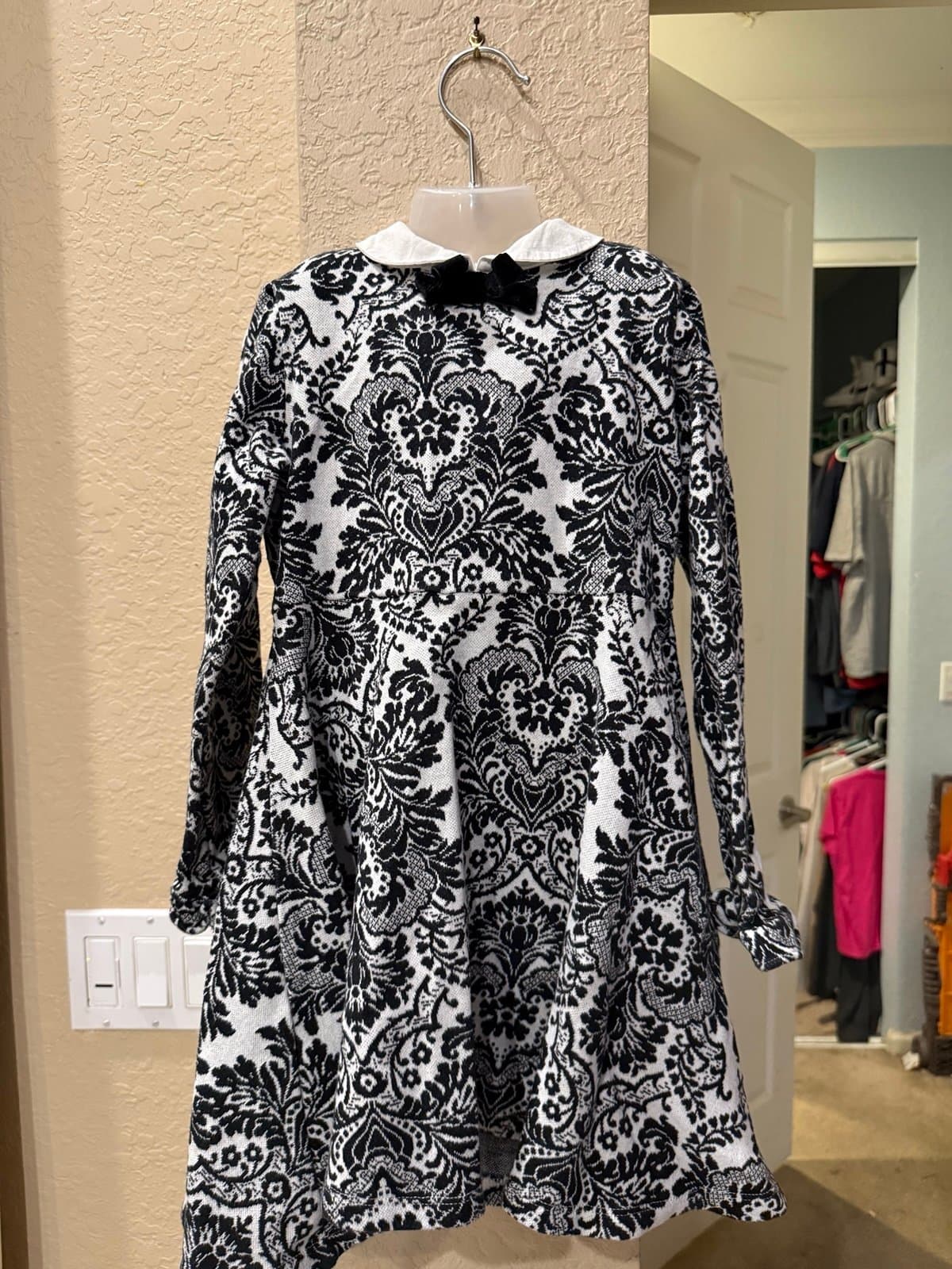 Janie and Jack Black White Patterned Dress Size 7 Peter Pan Collar